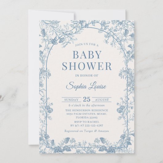 Blue Floral Chinoiserie Baby shower Invitation Kaart (Voorkant)