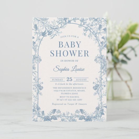 Blue Floral Chinoiserie Baby shower Invitation Kaart (Staand voorkant)