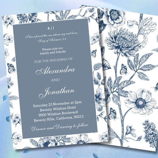Blue Floral Chinoiserie Christian Wedding Kaart