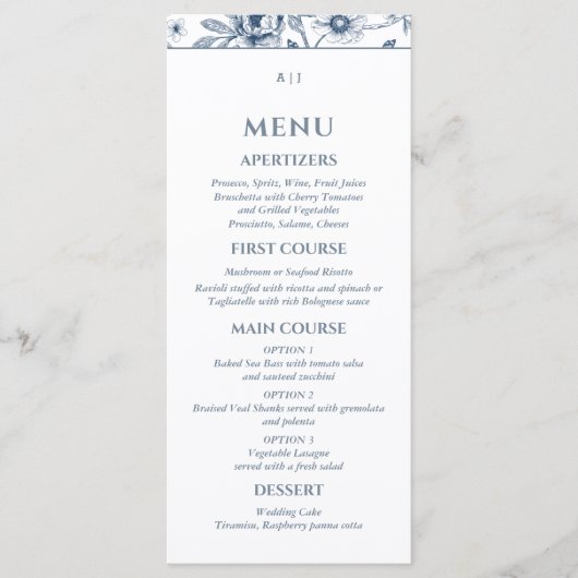 Blue Floral Chinoiserie Christian Wedding Menu (Voorkant)