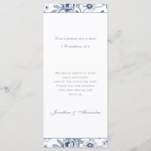 Blue Floral Chinoiserie Christian Wedding Menu (Achterkant)