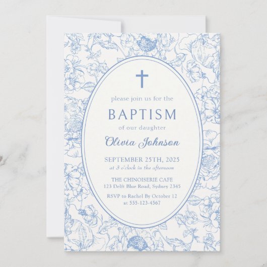 Blue Floral Chinoiserie Doop Uitnodiging (Voorkant)