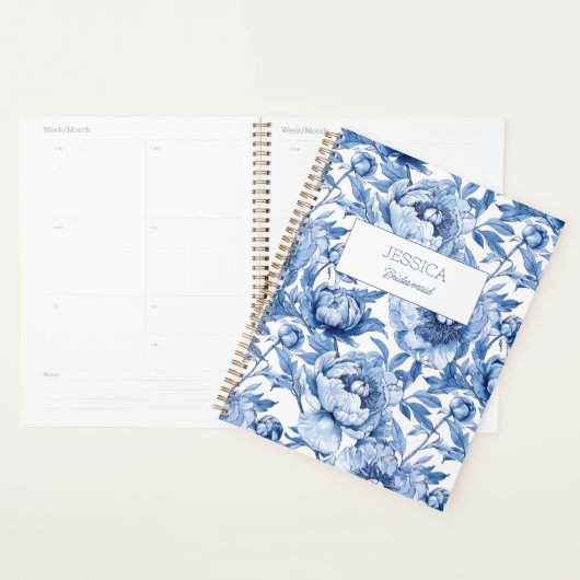 Blue Floral Chinoiserie Flower Modern Bruidsmeisje Planner (Display)