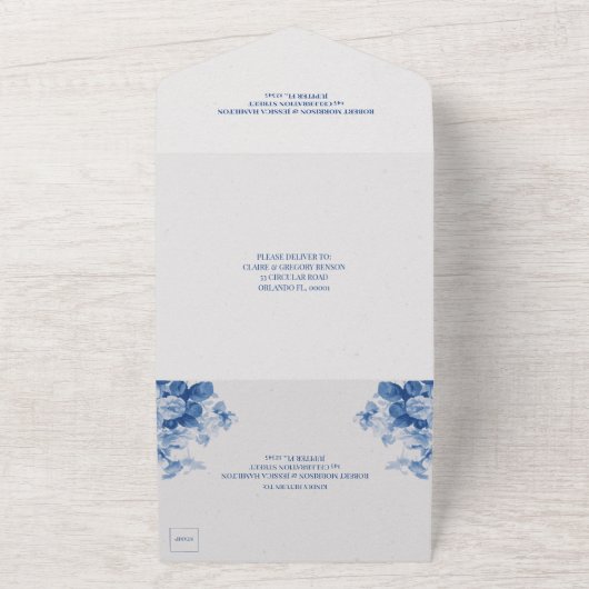  Blue Floral Chinoiserie Geïnspireerd huwelijk All In One Uitnodiging (Buitenkant)