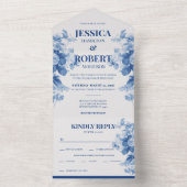  Blue Floral Chinoiserie Geïnspireerd huwelijk All In One Uitnodiging (Binnen)