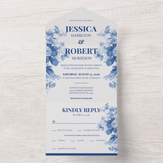  Blue Floral Chinoiserie Geïnspireerd huwelijk All In One Uitnodiging (Binnen)