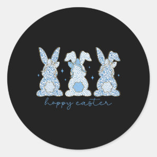 Blue Floral Chinoiserie Happy Easter Three Bunny C Ronde Sticker