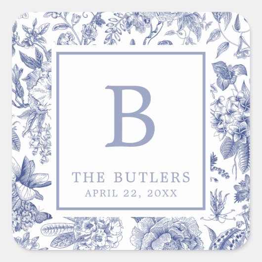 Blue Floral Chinoiserie Initiaal bruiloft Sticker (Voorkant)