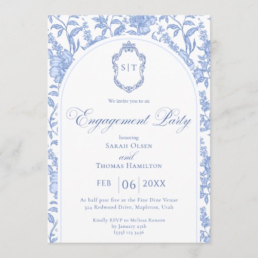 Blue Floral Chinoiserie Monogram Engagement Party Kaart (Voorkant)