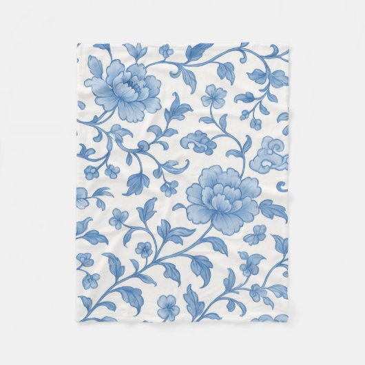 Blue Floral Chinoiserie Peony Pattern Fleece Blank Deken (Voorkant)