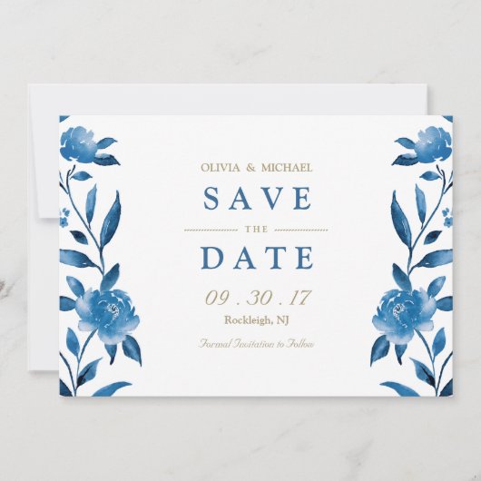 Blue floral Chinoiserie Wedding save the date (Voorkant)