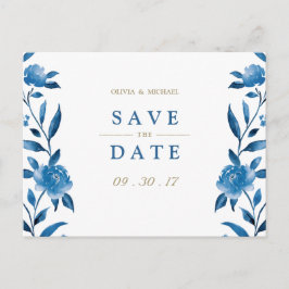 Blue floral Chinoiserie Wedding save the date Aankondigingskaart