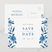 Blue floral Chinoiserie Wedding save the date Aankondigingskaart (Voorkant / Achterkant)