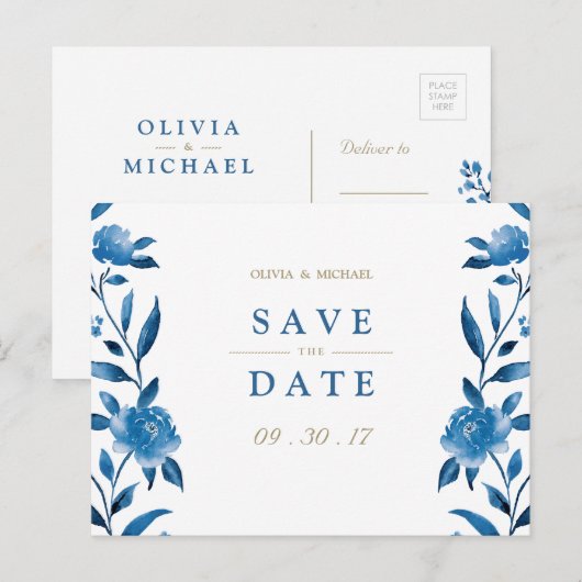 Blue floral Chinoiserie Wedding save the date Aankondigingskaart (Voorkant / Achterkant)