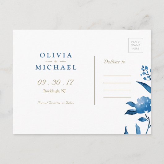 Blue floral Chinoiserie Wedding save the date Aankondigingskaart (Achterkant)