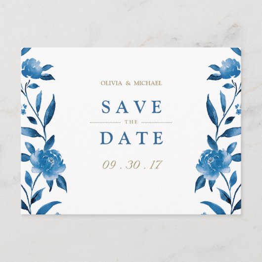 Blue floral Chinoiserie Wedding save the date Aankondigingskaart (Voorkant)