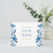 Blue floral Chinoiserie Wedding save the date Aankondigingskaart (Staand voorkant)