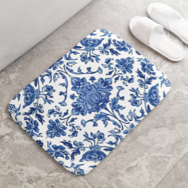 Blue Floral Chinoiserie White Watercolor Badmat