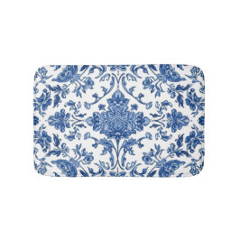 Blue Floral Chinoiserie White Watercolor Badmat