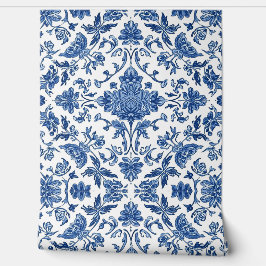 Blue Floral Chinoiserie White Watercolor Behang