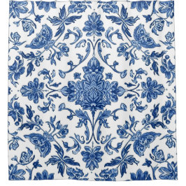 Blue Floral Chinoiserie White Watercolor Douchegordijn