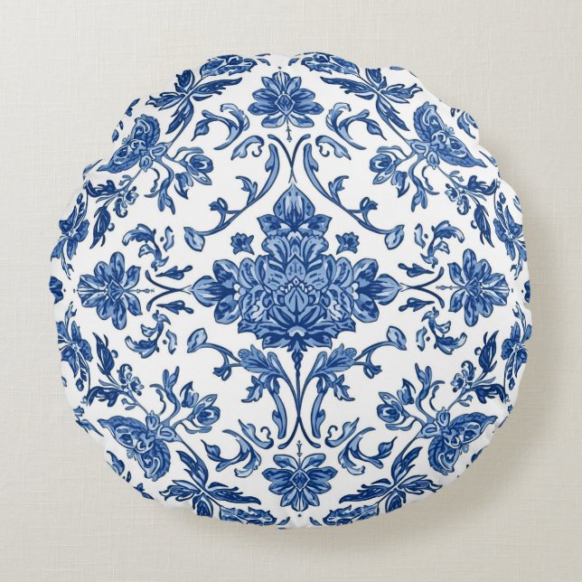 Blue Floral Chinoiserie White Watercolor Rond Kussen (Voorkant)