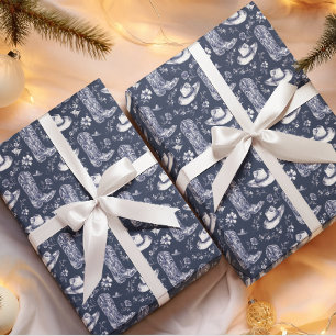 Blue Floral Coastal Cowgirl Western Kerst Cadeaupapier