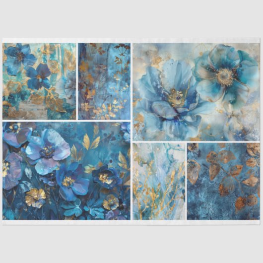 Blue Floral Collage Decoupage Tissuepapier (Voorkant)