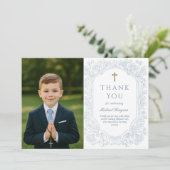 Blue Floral Communion Thank You Card Kaart (Staand voorkant)
