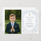Blue Floral Communion Thank You Card Kaart (Voorkant / Achterkant)