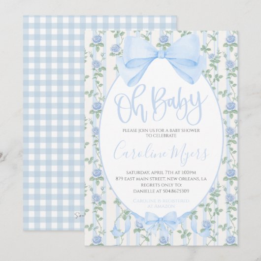 Blue Floral Coquette Bow Baby Boy Kaart (Voorkant / Achterkant)