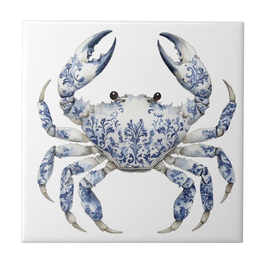 Blue Floral Crab Keramische Tegel Tegeltje (Voorkant)