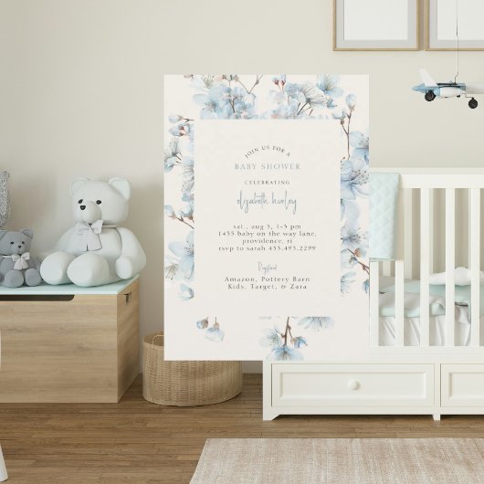 Blue Floral Cream Baby shower Kaart