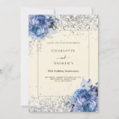 Blue floral cream silver 25th wedding anniversary kaart (Voorkant)