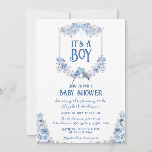 Blue Floral Crest Bow-Baby shower Kaart (Voorkant)