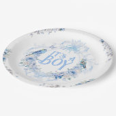 Blue Floral Crest Bow Het is een Boy Baby shower Papieren Bordje (Gekanteld)