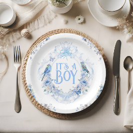 Blue Floral Crest Bow Het is een Boy Baby shower Papieren Bordje