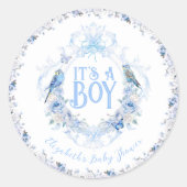 Blue Floral Crest Bow Het is een Boy Baby shower Ronde Sticker (Voorkant)