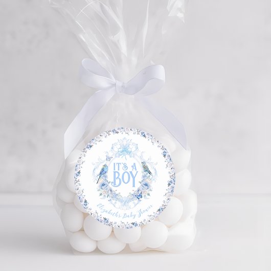 Blue Floral Crest Bow Het is een Boy Baby shower Ronde Sticker