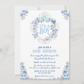 Blue Floral Crest Het Een Jongen Baby shower Kaart (Voorkant)