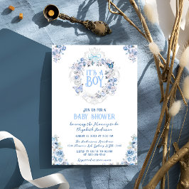 Blue Floral Crest Het Een Jongen Baby shower Kaart