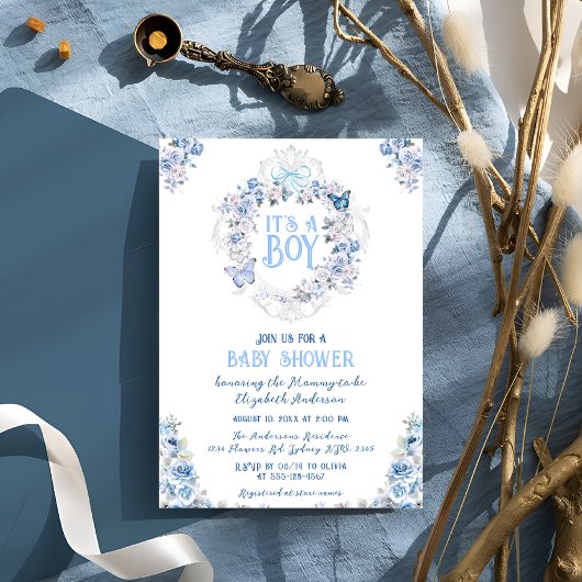 Blue Floral Crest Het Een Jongen Baby shower Kaart