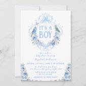 Blue Floral Crest Het is een Boy Baby shower Kaart (Voorkant)