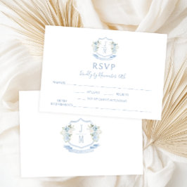 Blue Floral Crest Monogram Huwelijk RSVP Kaarten Kaartje