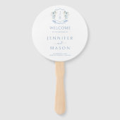 Blue Floral Crest Monogram Huwelijksprogramma Handwaaier (Voorkant)