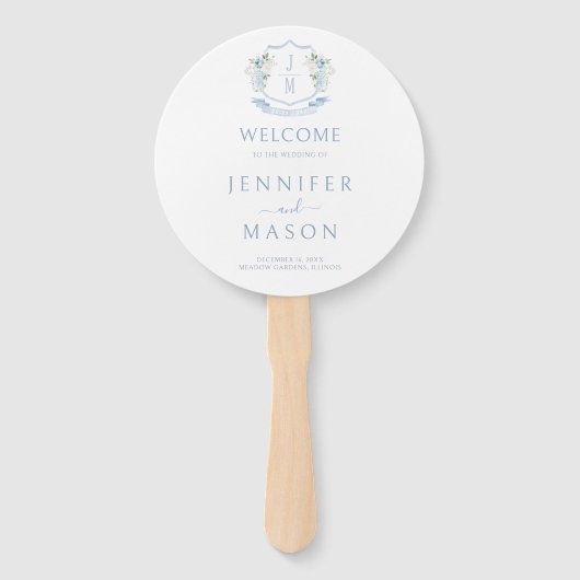 Blue Floral Crest Monogram Huwelijksprogramma Handwaaier (Voorkant)