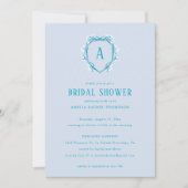 Blue Floral Crest Monogram Initiaal Vrijgezellenfe Kaart (Voorkant)