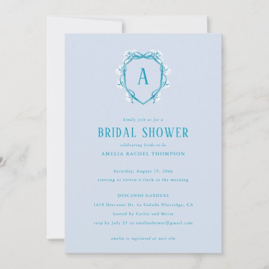 Blue Floral Crest Monogram Initiaal Vrijgezellenfe Kaart (Voorkant)