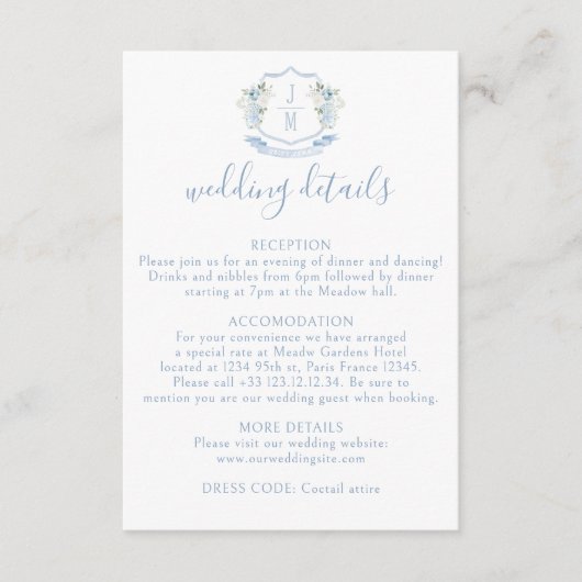 Blue Floral Crest Monogram Wedding Details Kaart (Voorkant)