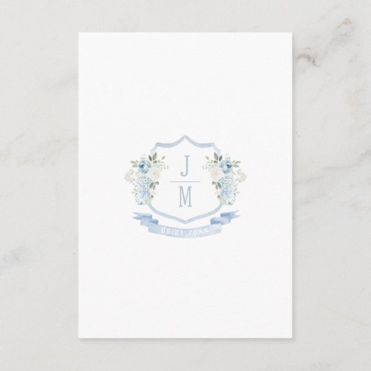 Blue Floral Crest Monogram Wedding Details Kaart (Achterkant)